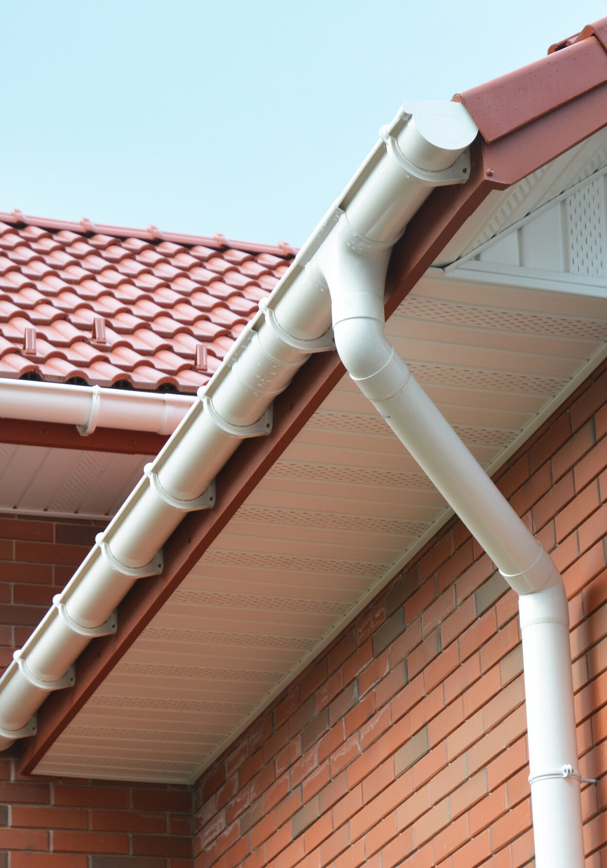 Close up view on House Problem Areas for Rain Gutter Waterproofing Outdoor. Home Guttering, Gutters, Plastic Guttering System, Guttering &amp; Drainage Pipe Exterior